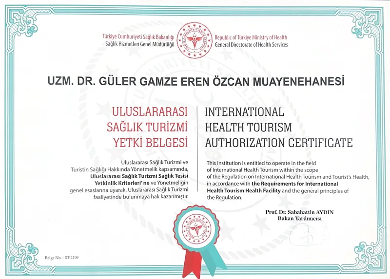 International Health Tourism Authorization Certificate issued by the Republic of Türkiye Ministry of Health to Uzm. Dr. Güler Gamze Eren Muayenehanesi, document no. ST-2109