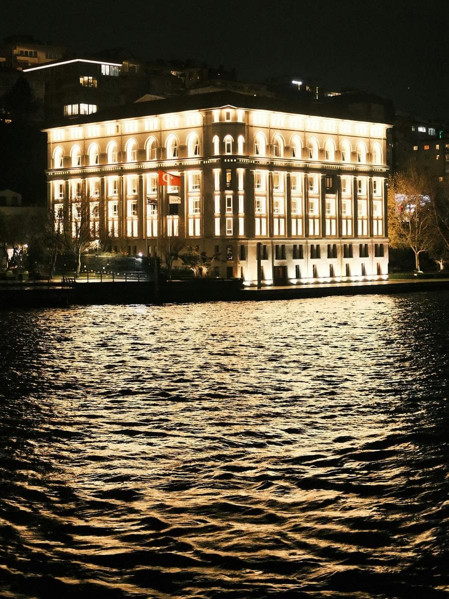 Illuminated Ottoman building on the Bosphorus at night